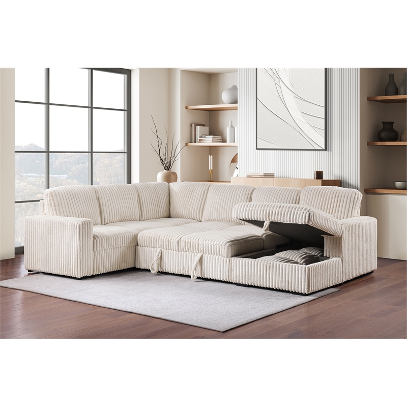 Pemberly Row Corduroy Sleeper Sectional Sofa with Storage Chaise in Camel