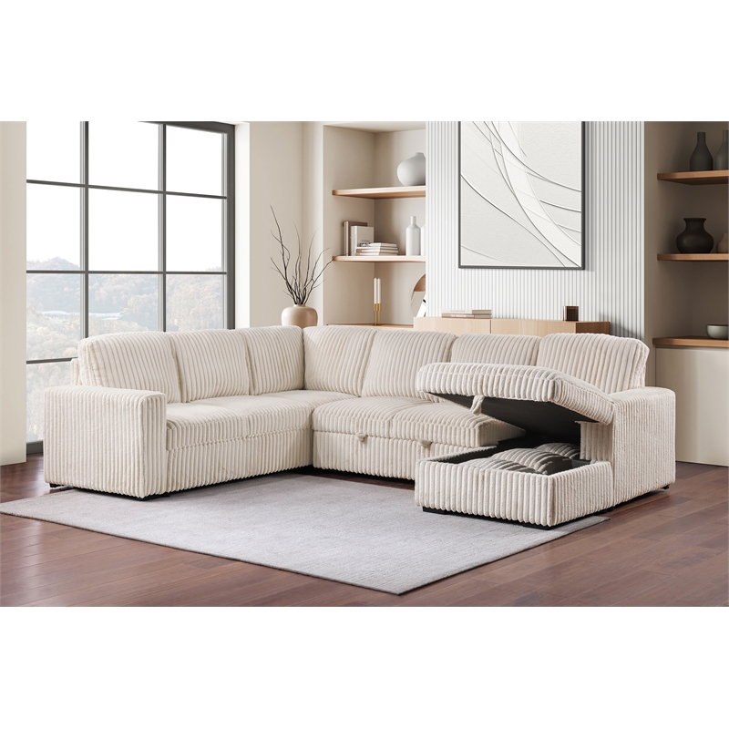 Pemberly Row Corduroy Sleeper Sectional Sofa with Storage Chaise in Camel