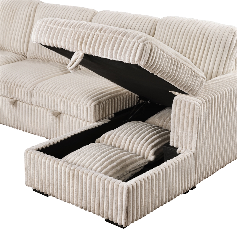 Pemberly Row Corduroy Sleeper Sectional Sofa with Storage Chaise in Camel