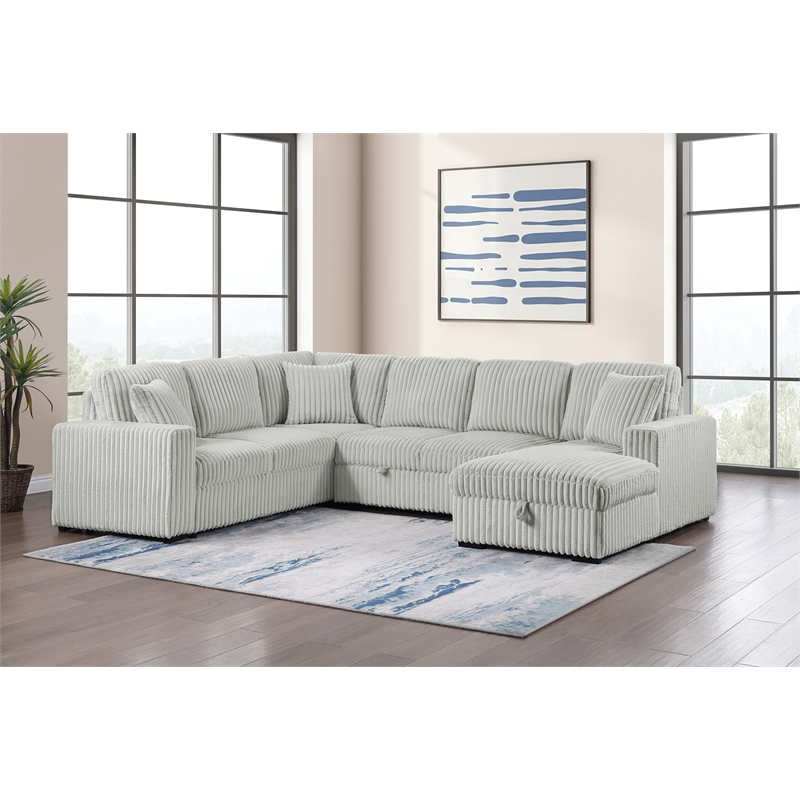 Pemberly Row Corduroy Sleeper Sectional Sofa with Storage Chaise in Grey