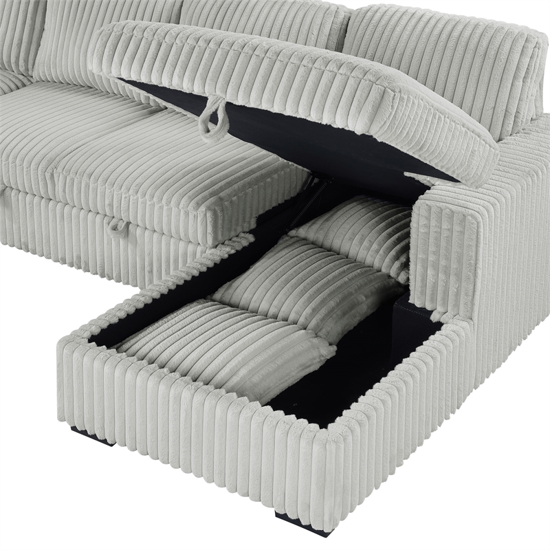 Pemberly Row Corduroy Sleeper Sectional Sofa with Storage Chaise in Grey