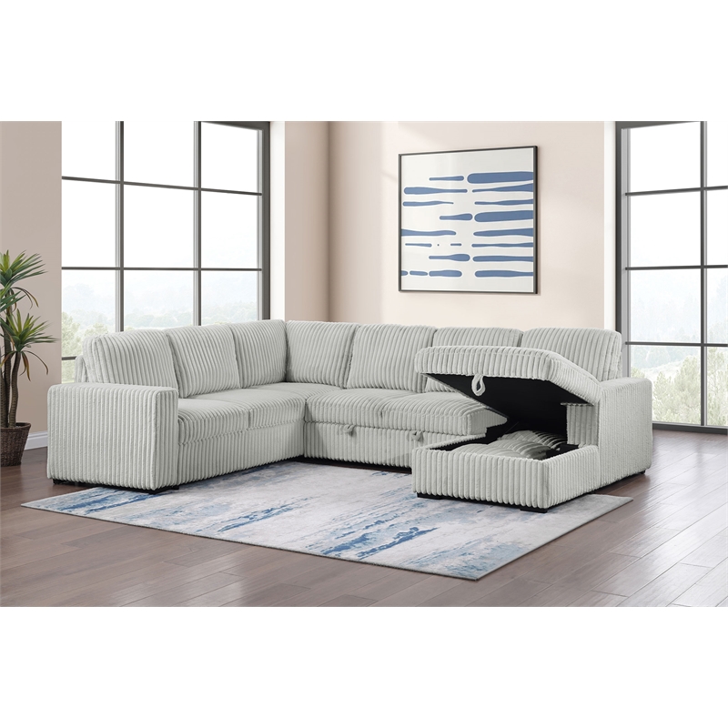 Pemberly Row Corduroy Sleeper Sectional Sofa with Storage Chaise in Grey