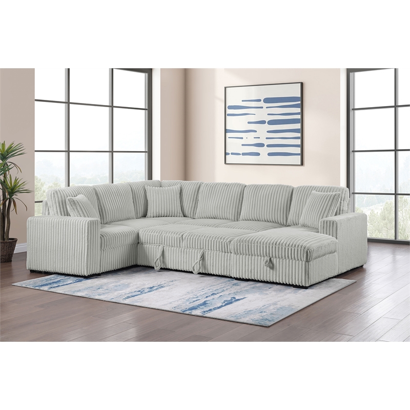 Pemberly Row Corduroy Sleeper Sectional Sofa with Storage Chaise in Grey
