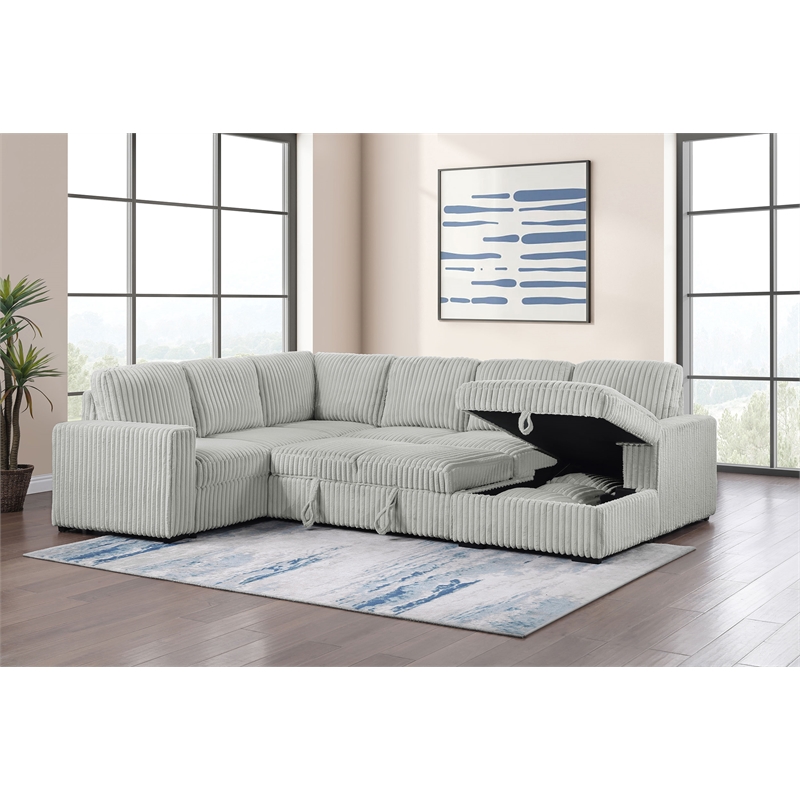 Pemberly Row Corduroy Sleeper Sectional Sofa with Storage Chaise in Grey