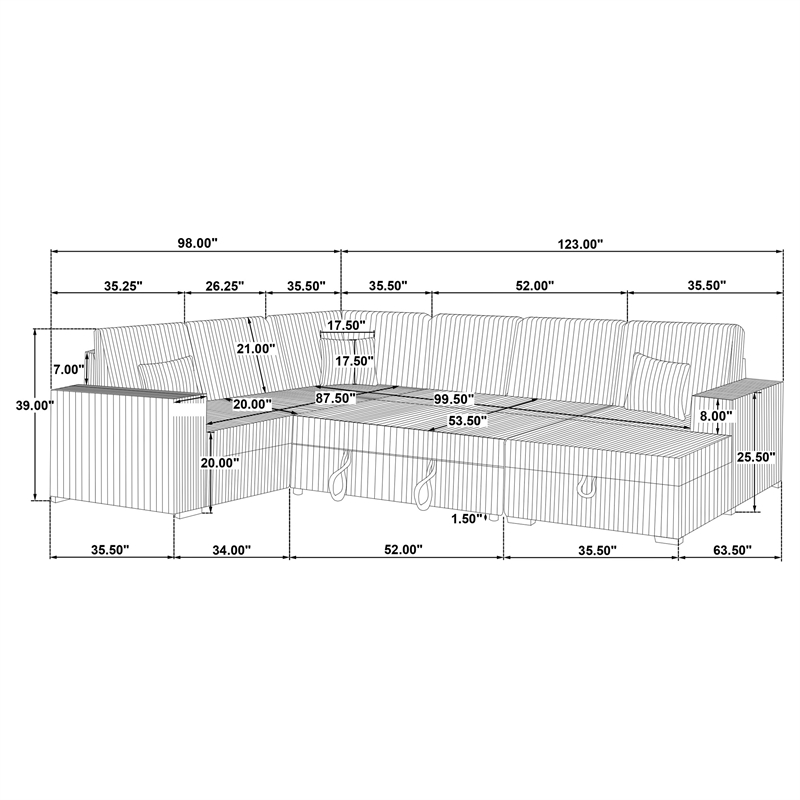 Pemberly Row Corduroy Sleeper Sectional Sofa with Storage Chaise in Grey