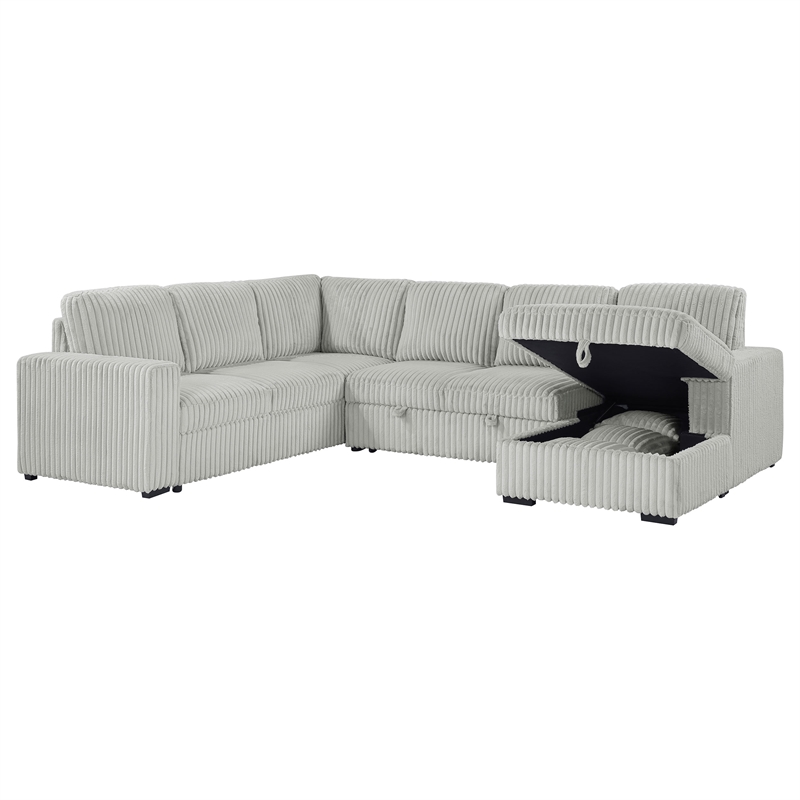 Pemberly Row Corduroy Sleeper Sectional Sofa with Storage Chaise in Grey