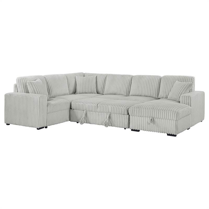 Pemberly Row Corduroy Sleeper Sectional Sofa with Storage Chaise in Grey