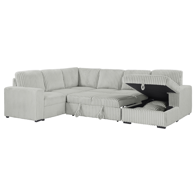 Pemberly Row Corduroy Sleeper Sectional Sofa with Storage Chaise in Grey