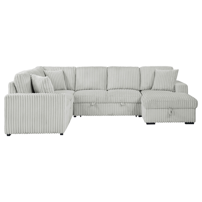 Pemberly Row Corduroy Sleeper Sectional Sofa with Storage Chaise in Grey