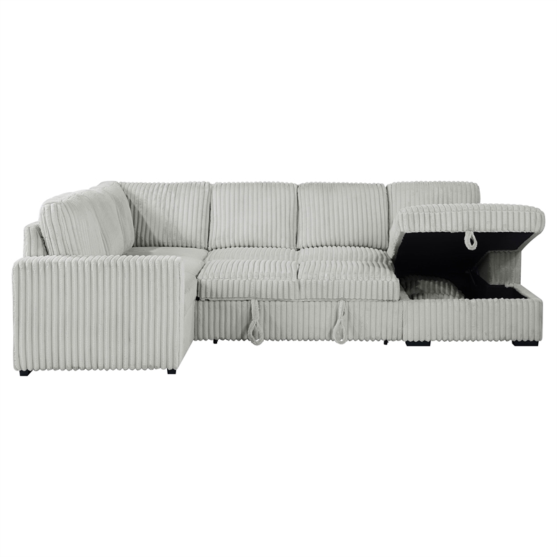 Pemberly Row Corduroy Sleeper Sectional Sofa with Storage Chaise in Grey