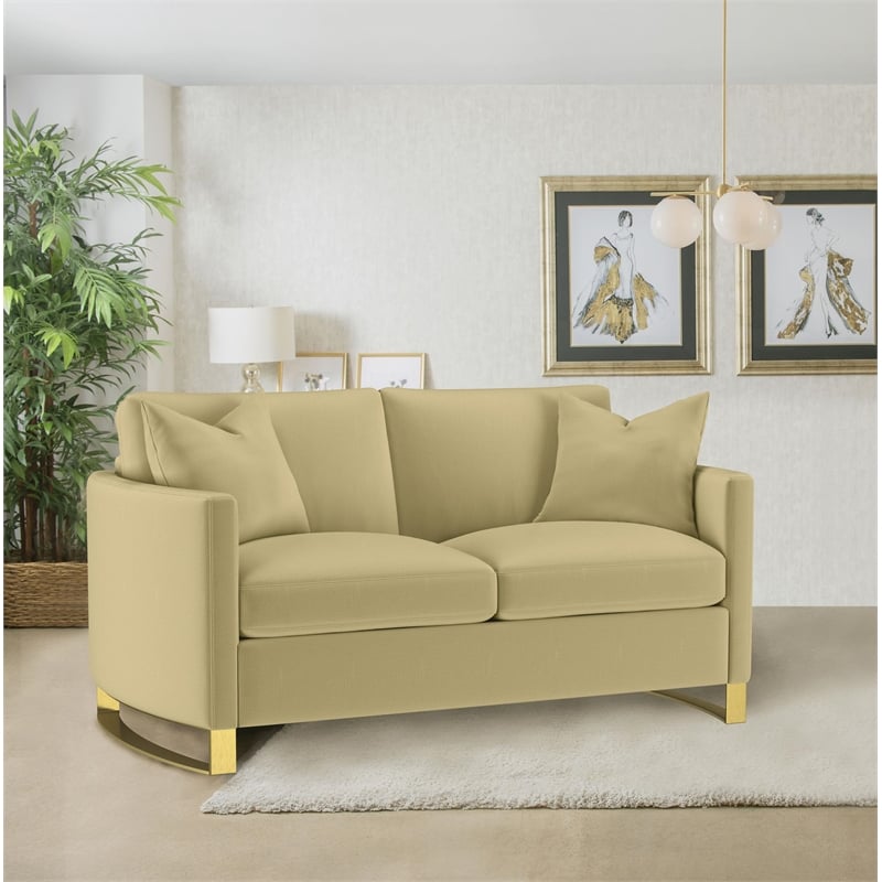 Pemberly Row Velvet Upholstered Curved Track Arm Loveseat in Camel