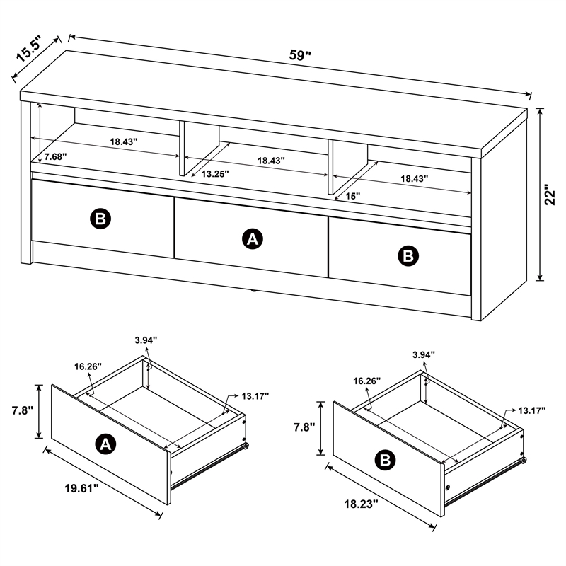 Pemberly Row 59-inch 3-drawer TV Stand Media Console in Black