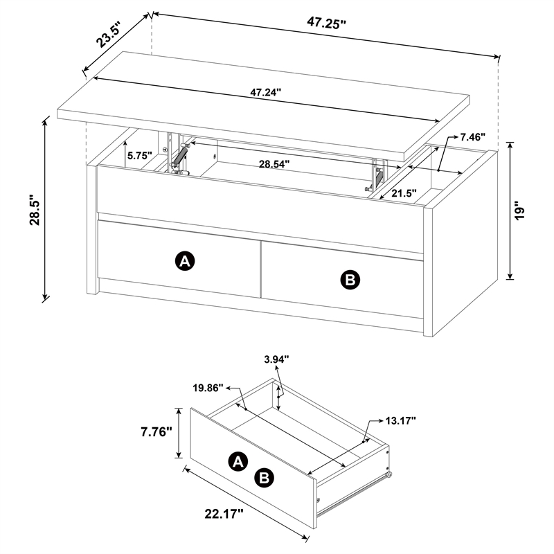Pemberly Row Lift Top Cocktail Coffee Table with 2 Drawers in Black