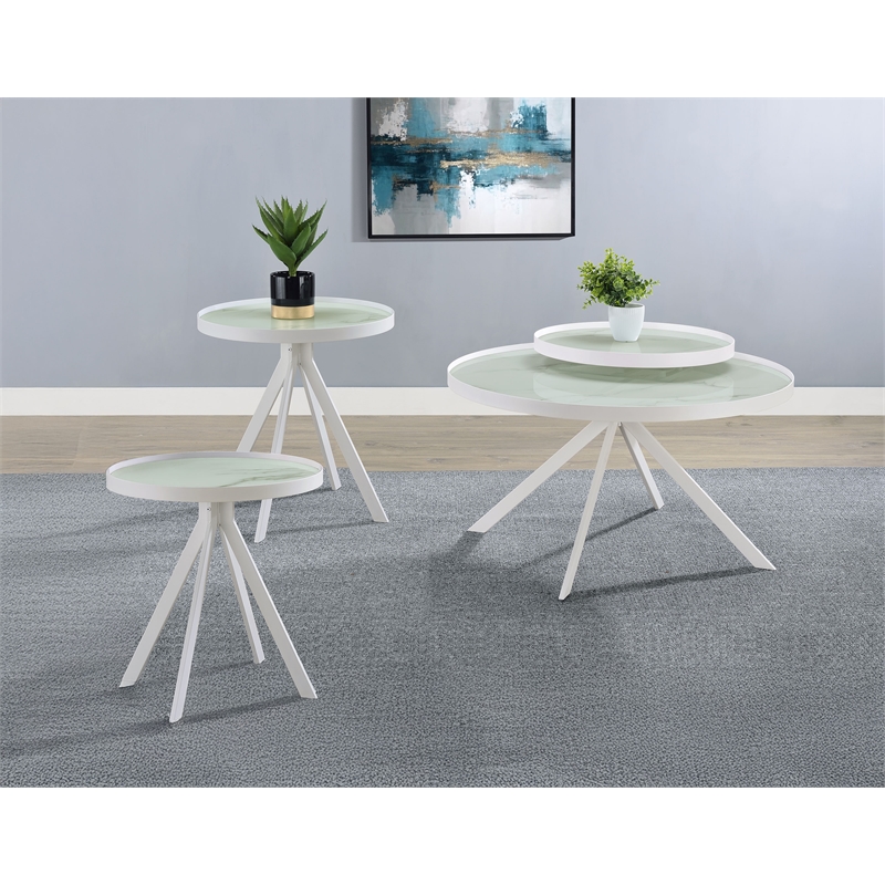 Pemberly Row 3-piece Round Glass Top Coffee and End Table Set in White