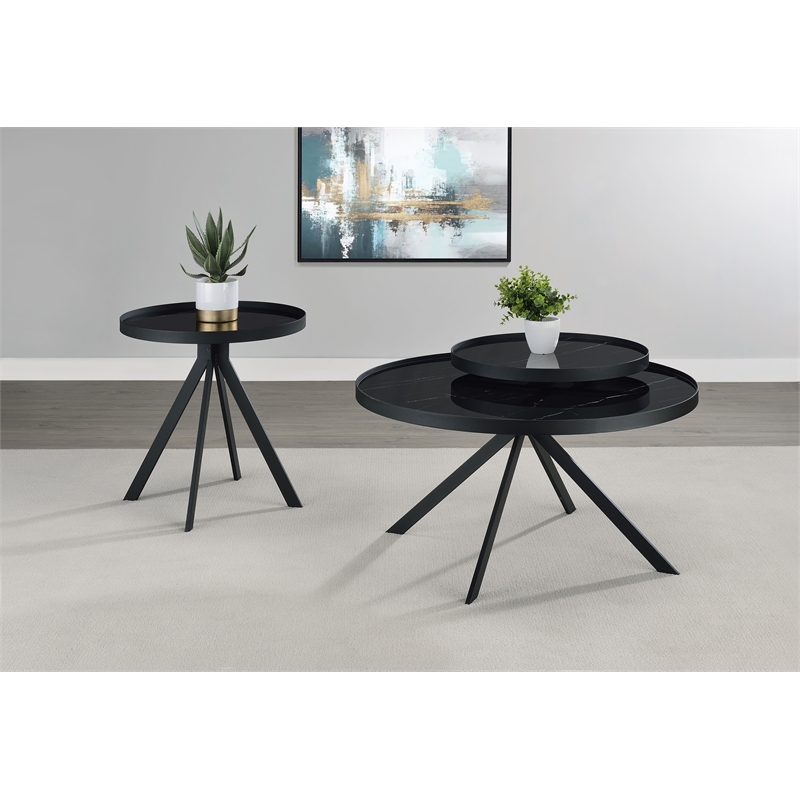 Pemberly Row 2-piece Round Glass Top Coffee and End Table Set in Black