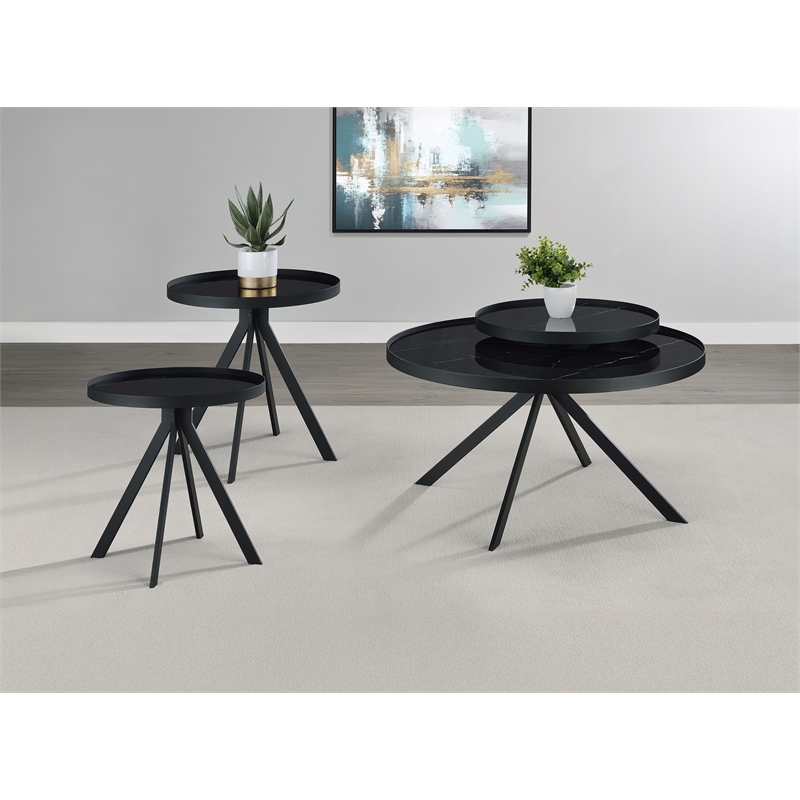 Pemberly Row 3-piece Round Glass Top Coffee and End Table Set in Black
