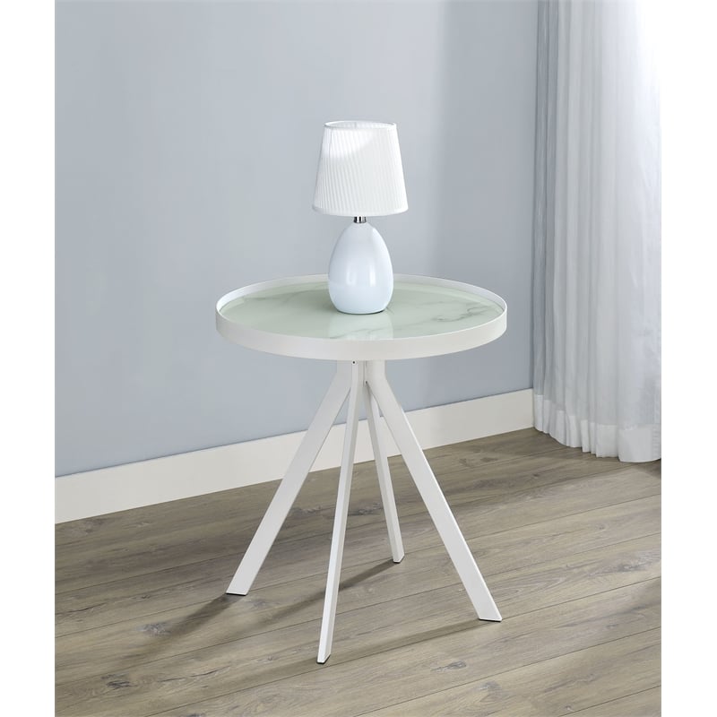 Pemberly Row Round Marble Printed Glass Top End Side Table in White