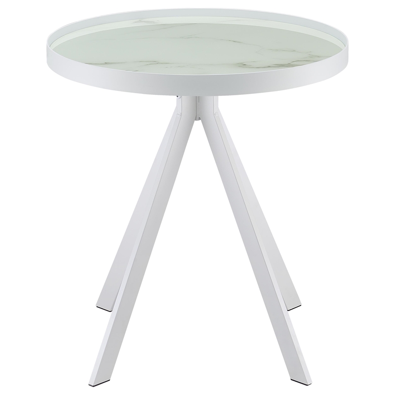 Pemberly Row Round Marble Printed Glass Top End Side Table in White