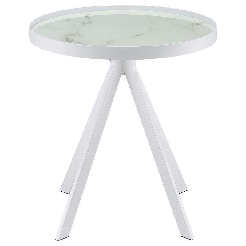 Pemberly Row Round Marble Printed Glass Top End Side Table in White