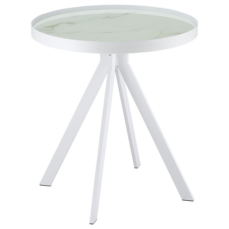 Pemberly Row Round Marble Printed Glass Top End Side Table in White