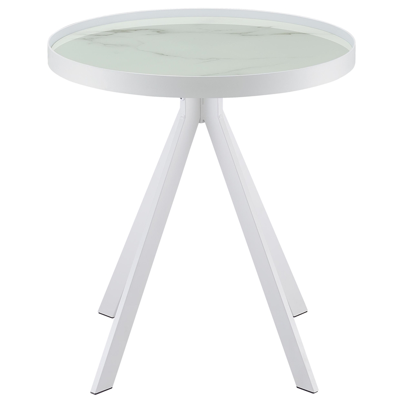 Pemberly Row Round Marble Printed Glass Top End Side Table in White