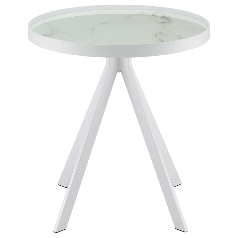 Pemberly Row Round Marble Printed Glass Top End Side Table in White