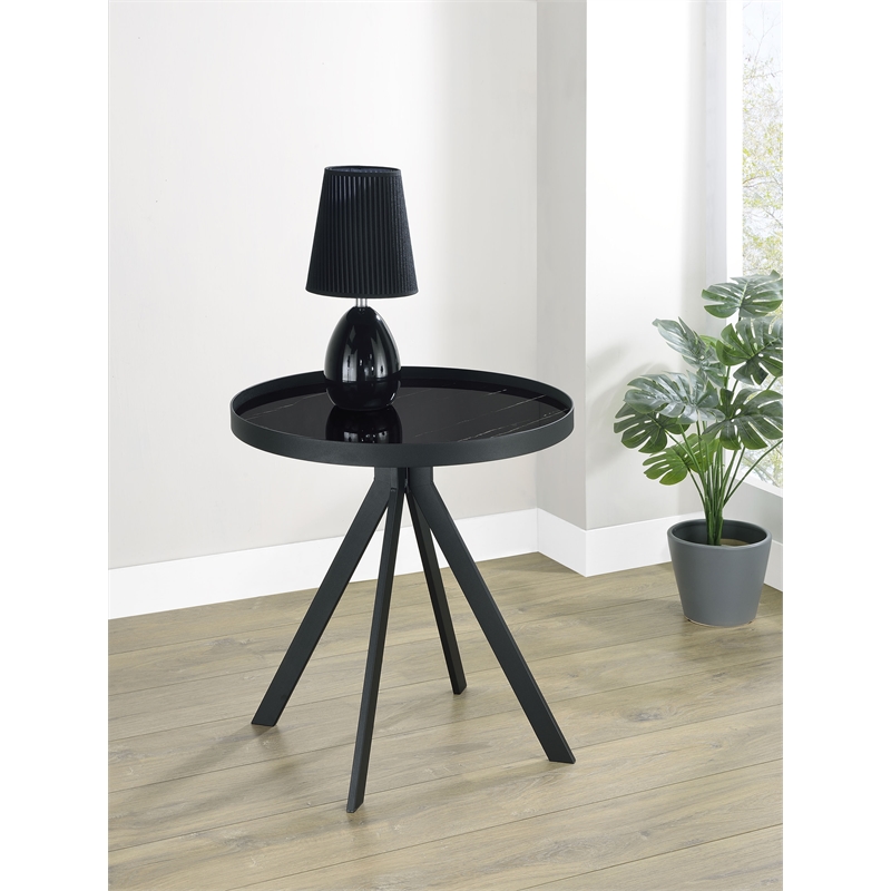 Pemberly Row Round Marble Printed Glass Top End Table in Black