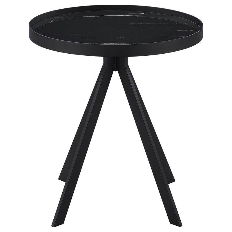 Pemberly Row Round Marble Printed Glass Top End Table in Black