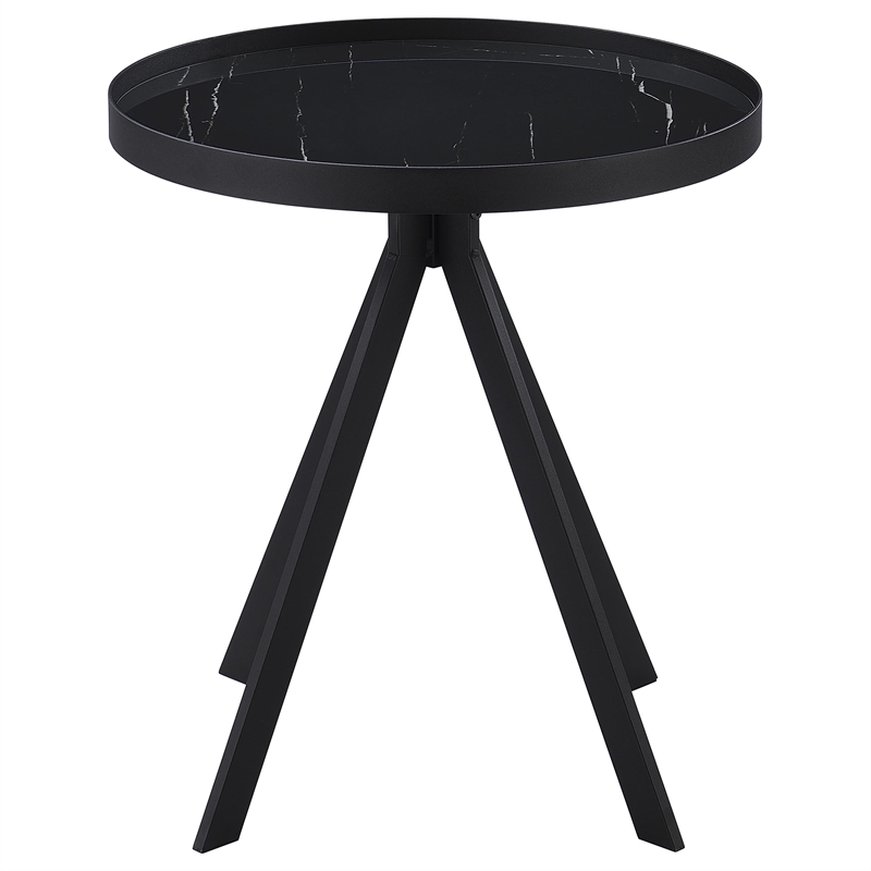 Pemberly Row Round Marble Printed Glass Top End Table in Black