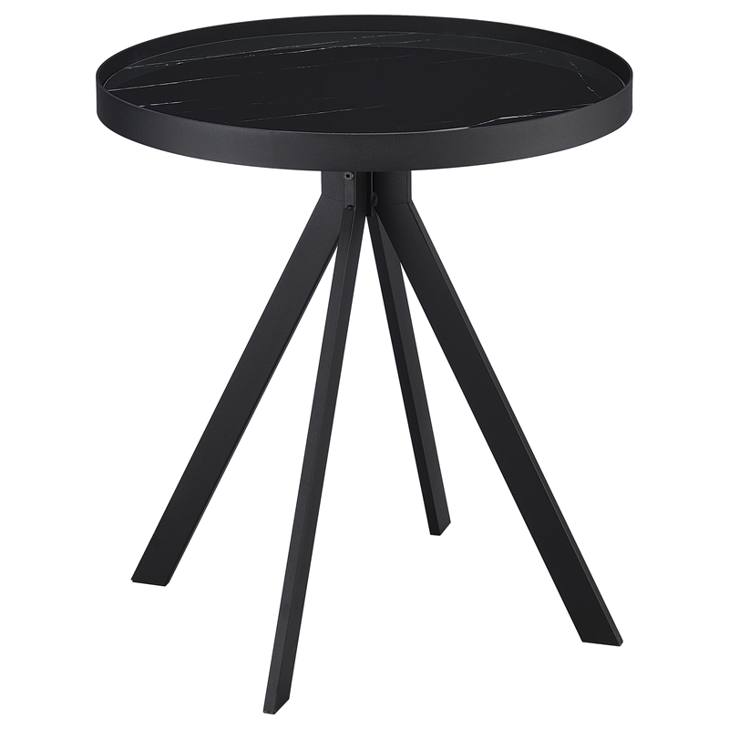 Pemberly Row Round Marble Printed Glass Top End Table in Black