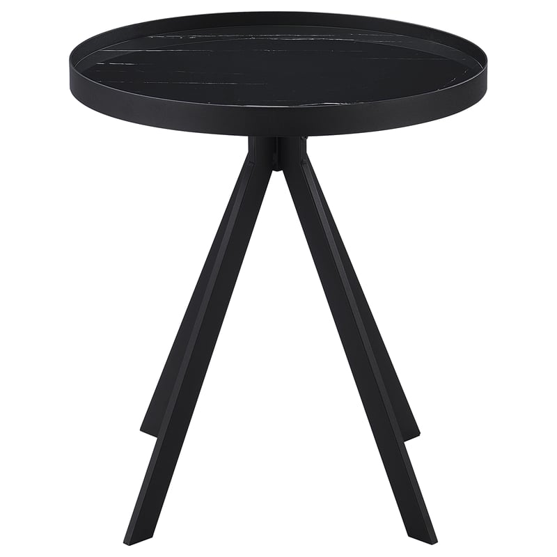 Pemberly Row Round Marble Printed Glass Top End Table in Black