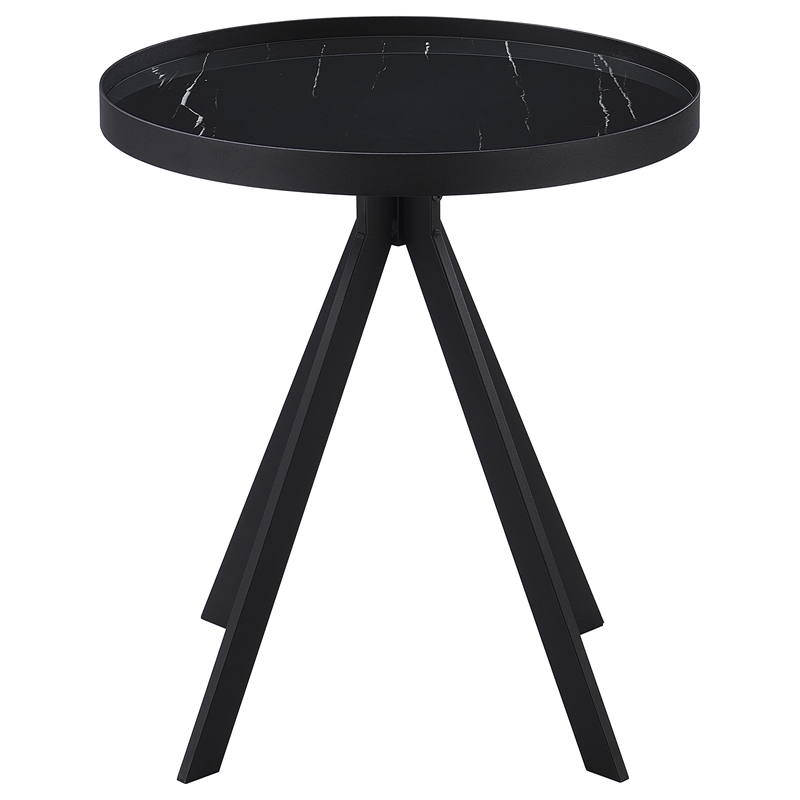 Pemberly Row Round Marble Printed Glass Top End Table in Black