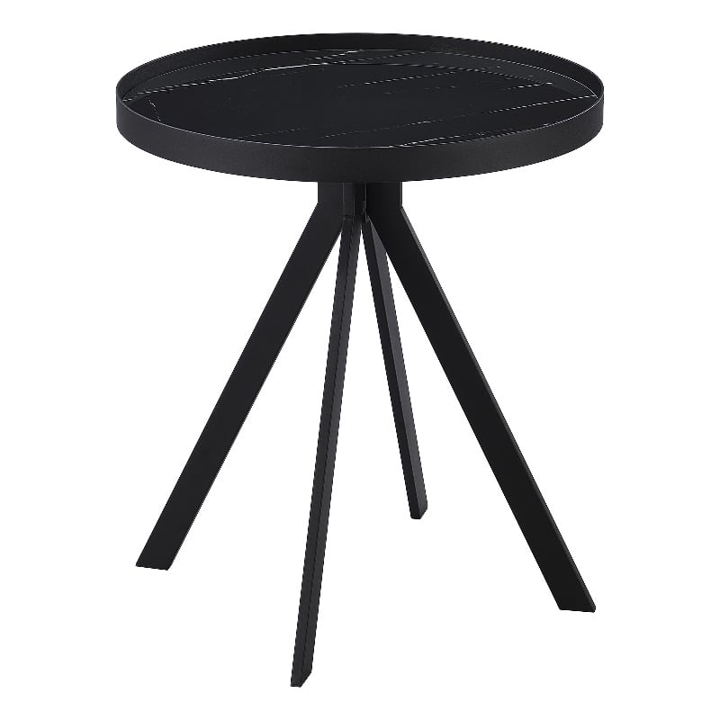 Pemberly Row Round Marble Printed Glass Top End Table in Black