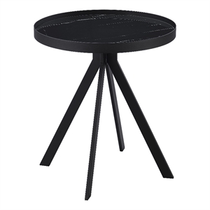 Pemberly Row Round Marble Printed Glass Top End Table in Black
