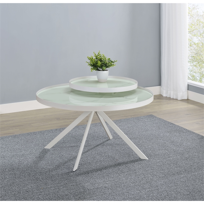 Pemberly Row Round Marble Printed Glass Top Coffee Table in White