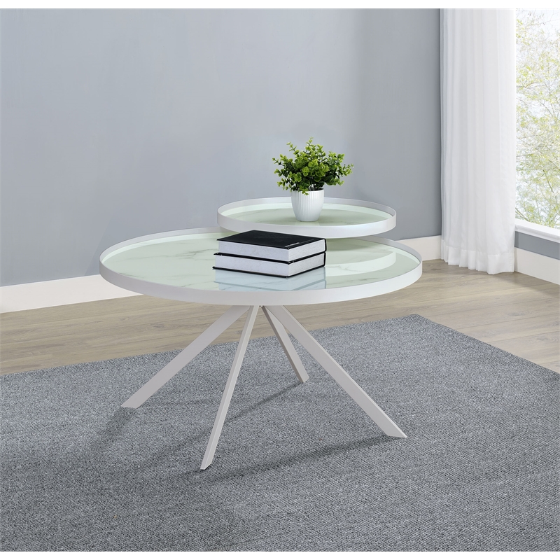 Pemberly Row Round Marble Printed Glass Top Coffee Table in White