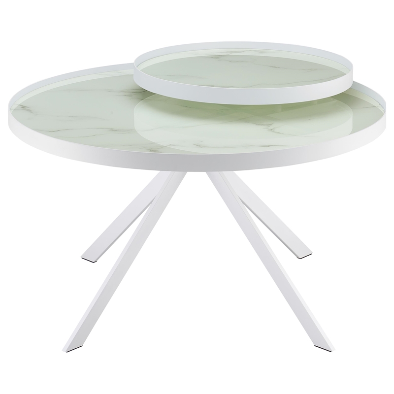 Pemberly Row Round Marble Printed Glass Top Coffee Table in White