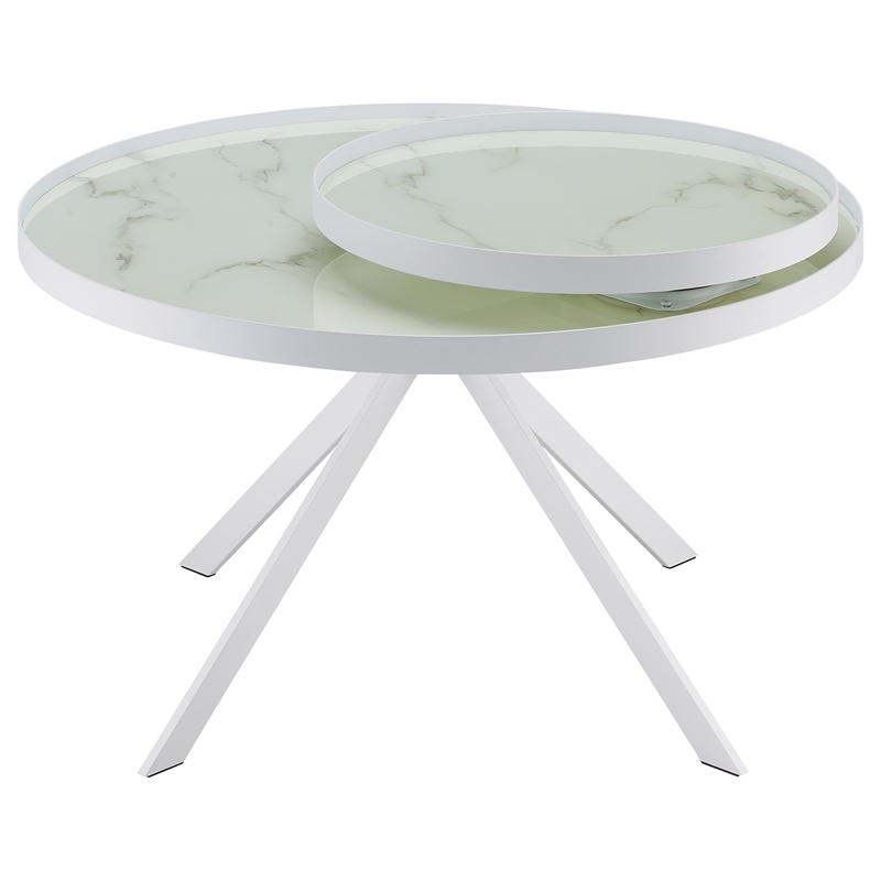 Pemberly Row Round Marble Printed Glass Top Coffee Table in White