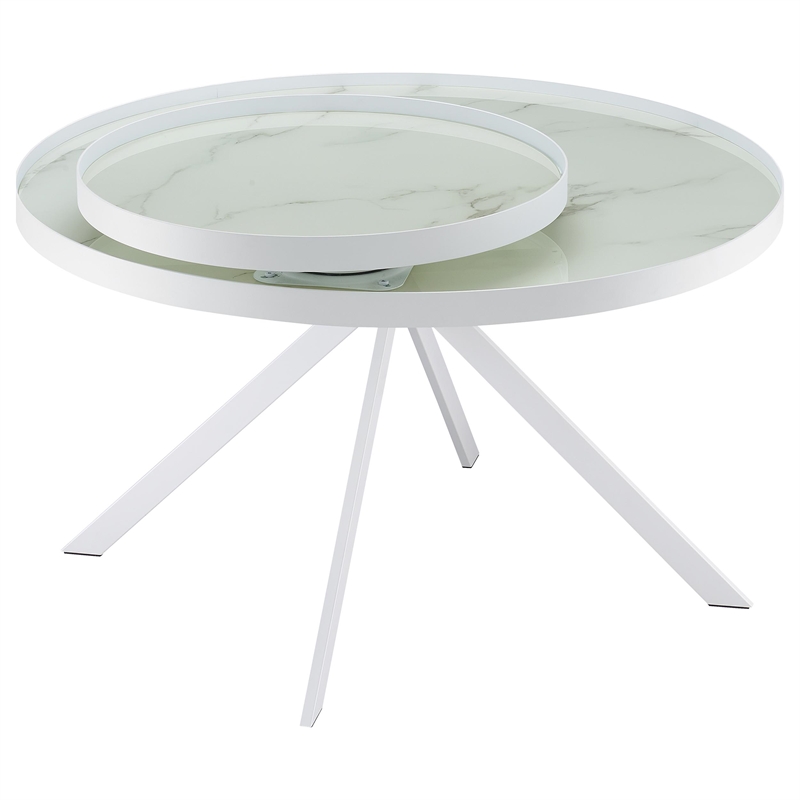 Pemberly Row Round Marble Printed Glass Top Coffee Table in White