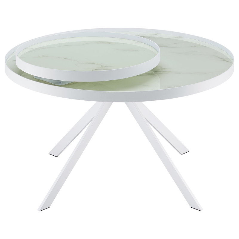 Pemberly Row Round Marble Printed Glass Top Coffee Table in White