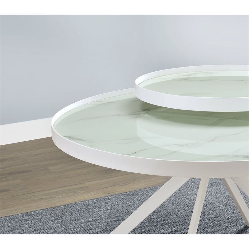 Pemberly Row Round Marble Printed Glass Top Coffee Table in White