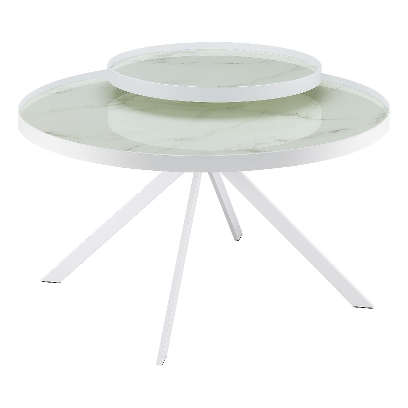 Pemberly Row Round Marble Printed Glass Top Coffee Table in White