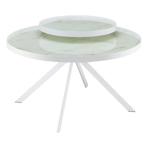 Pemberly Row Round Marble Printed Glass Top Coffee Table in White