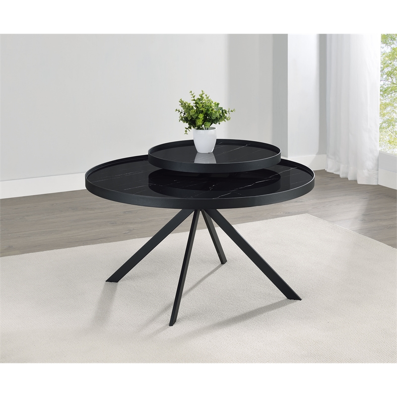 Pemberly Row Round Marble Printed Glass Top Coffee Table in Black