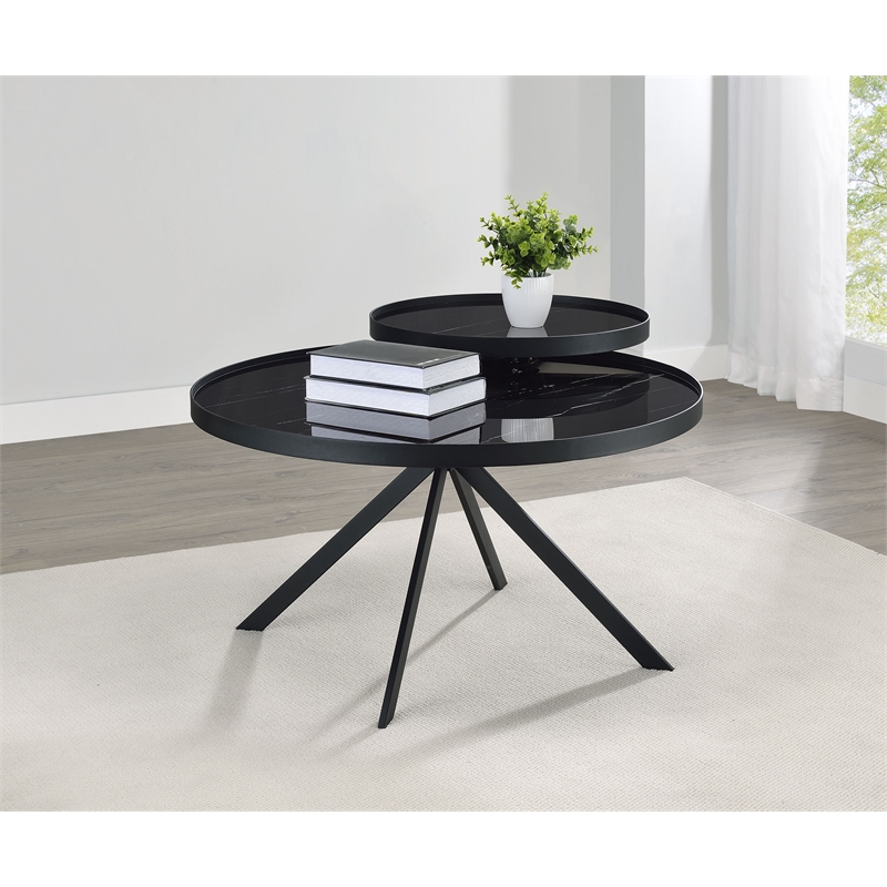 Pemberly Row Round Marble Printed Glass Top Coffee Table in Black