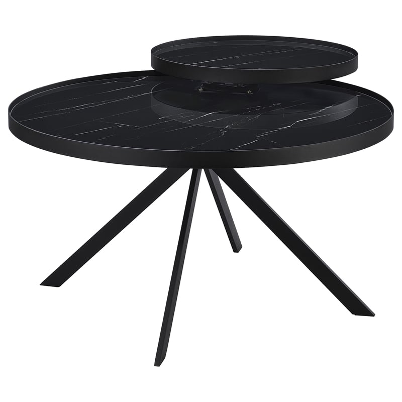 Pemberly Row Round Marble Printed Glass Top Coffee Table in Black