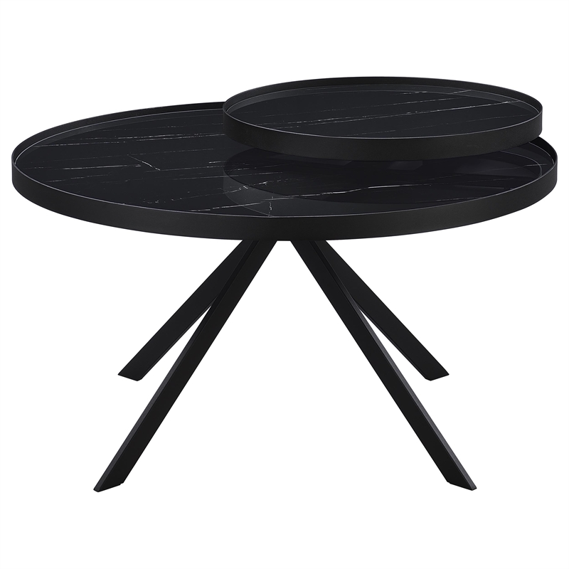 Pemberly Row Round Marble Printed Glass Top Coffee Table in Black