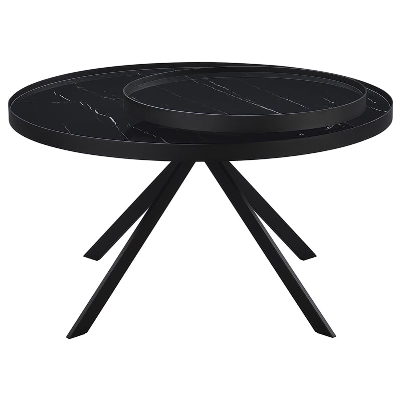 Pemberly Row Round Marble Printed Glass Top Coffee Table in Black