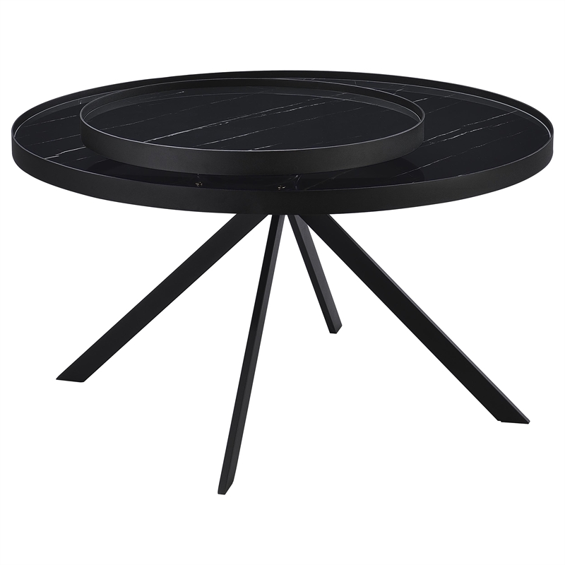 Pemberly Row Round Marble Printed Glass Top Coffee Table in Black