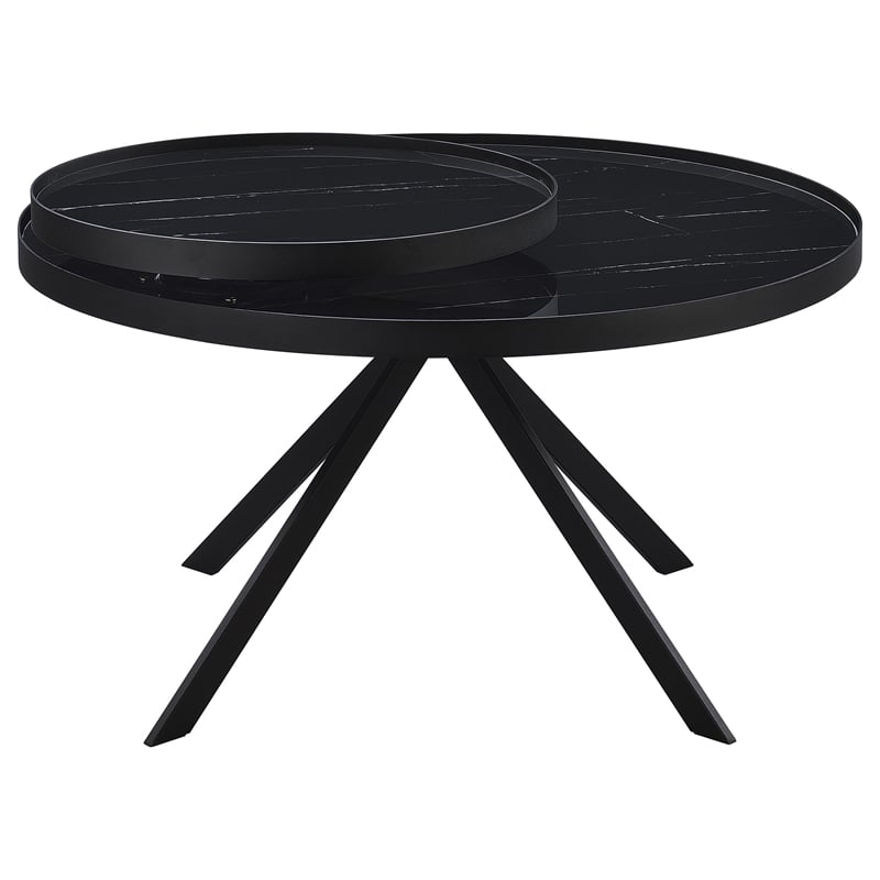 Pemberly Row Round Marble Printed Glass Top Coffee Table in Black